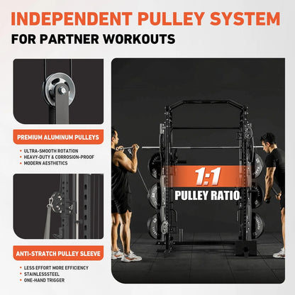 Smith Machine, All-In-One Power Rack Cage with Vertical Leg Press, 2000LBS Power Cage Squat Rack with Smith Bar, Dual Pulley Cable Crossover System for Home Gym