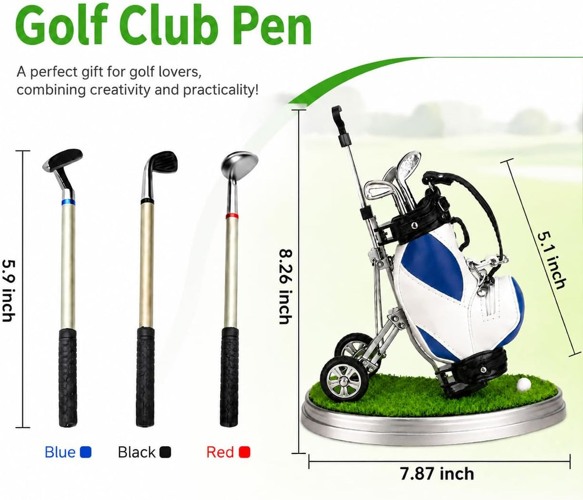 Golf Pens with Golf Bag Holder, Novelty Unique with 3 Pieces Aluminum Pen for Golf Fanatic, Excellent Office Desk Display